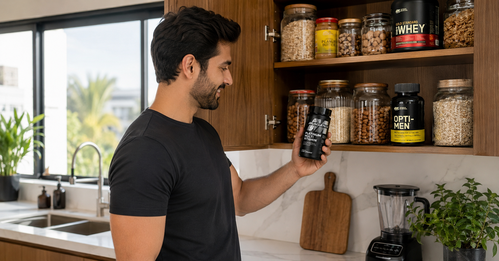 Healthy Pakistani man choosing MuscleTech Platinum Multivitamin from a kitchen pantry with Optimum Nutrition Opti-Men as part of his daily wellness routine.