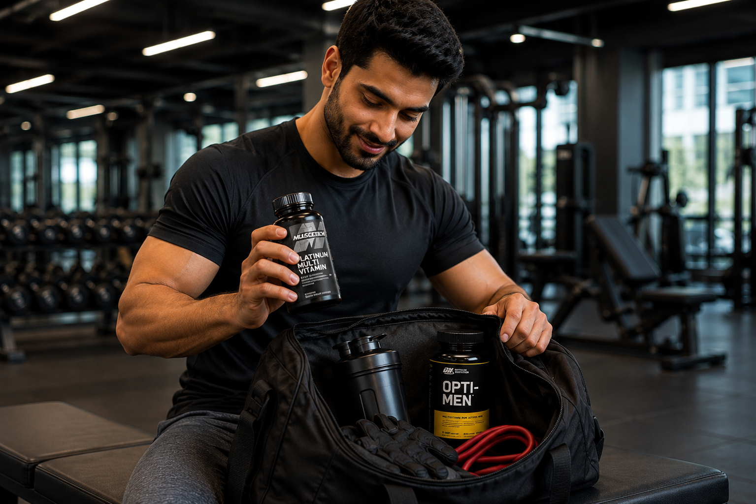 Healthy Pakistani man packing MuscleTech Platinum Multivitamin and Optimum Nutrition Opti-Men in a gym bag as part of his daily fitness routine.