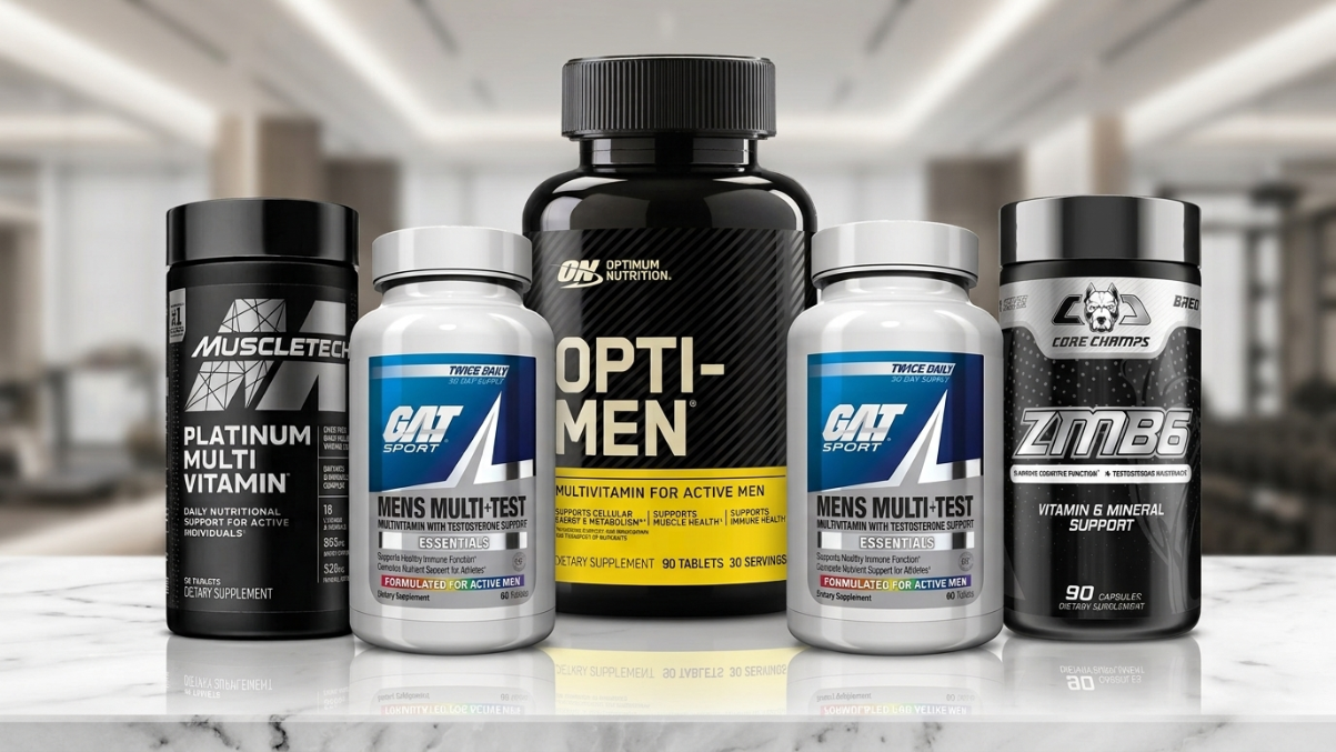 Top multivitamin brands for men in Pakistan including MuscleTech Platinum Multivitamin, Optimum Nutrition Opti-Men, GAT SPORT Men's Multi+ and Core Champs ZMB6.